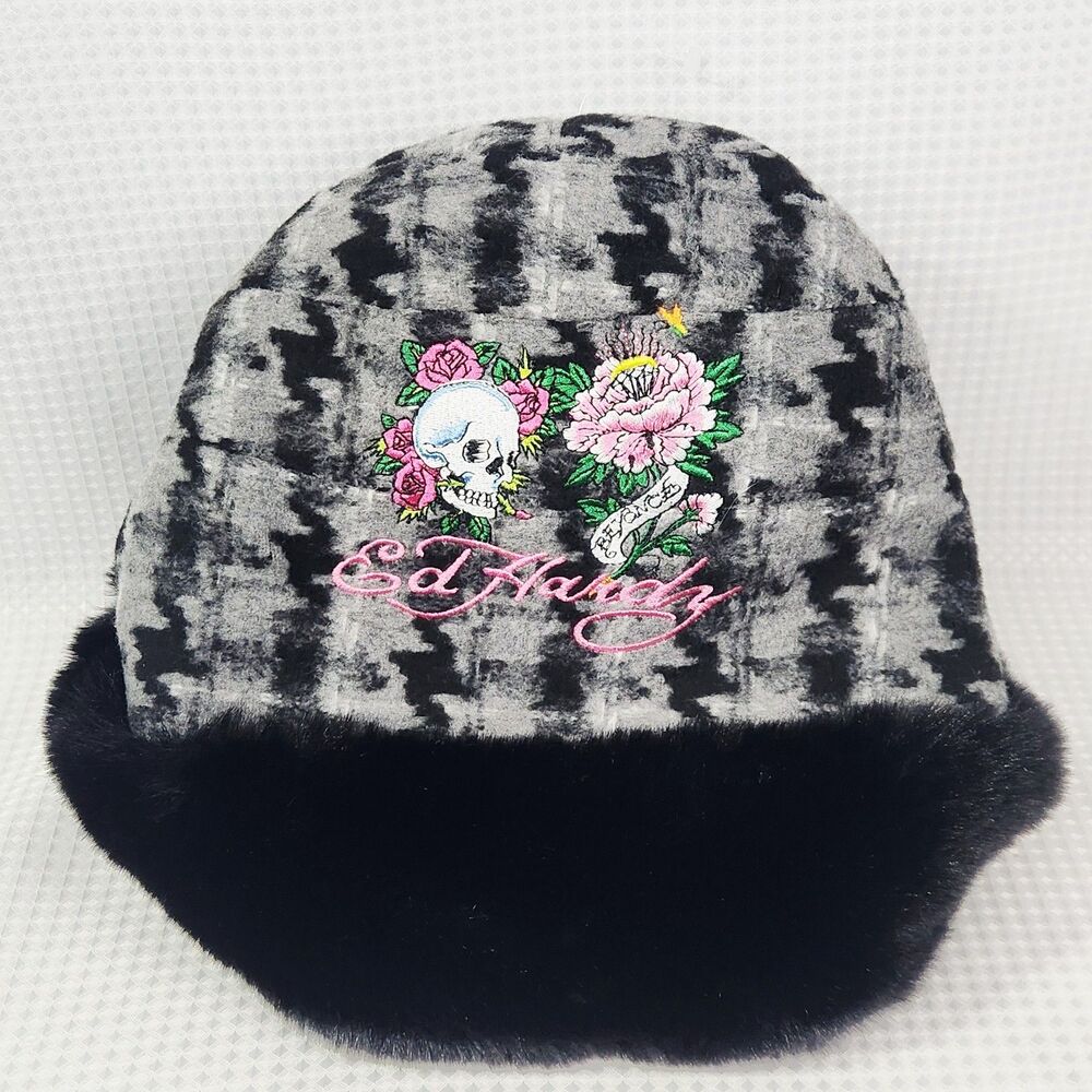 Ed Hardy Womens Faux Fur Winter Bucket Hat, Black, Gray, Skull, Flowers